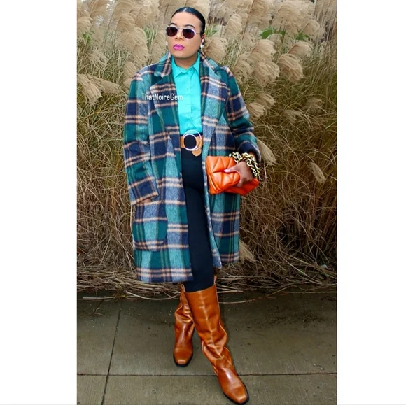 Plaid Green Brown Women Jacket Coat - Picture 3 of 3